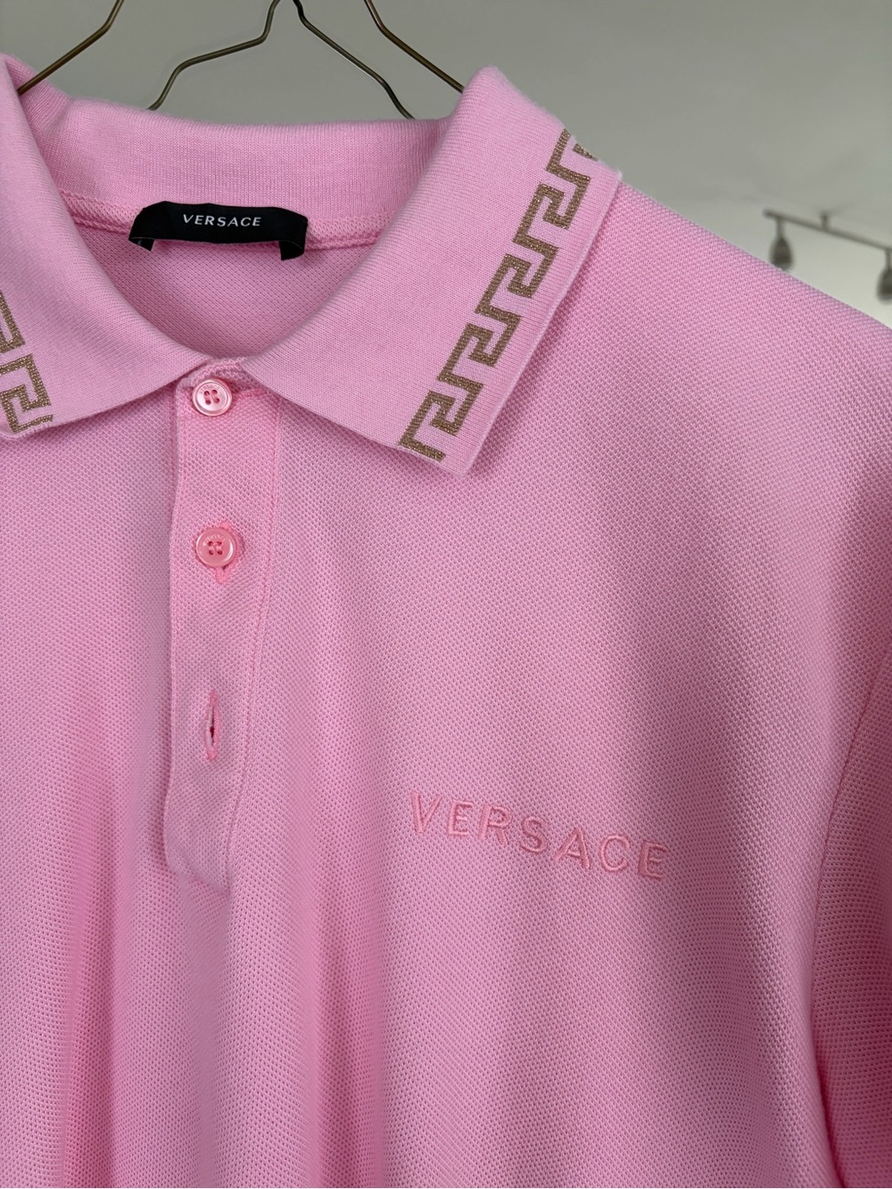Versace Pink Polo Shirt with Gold Greek Key Trim